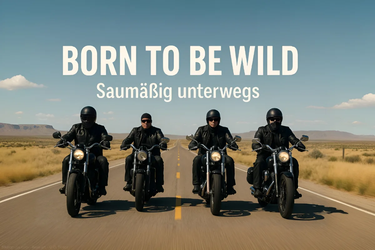 Vier Biker in schwarzer Lederkleidung fahren nebeneinander auf klassischen Cruiser-Motorrädern über einen sonnigen Highway durch eine weite Wüstenlandschaft. Über ihnen prangt zentral der Schriftzug „Born to be Wild – Saumäßig unterwegs“.