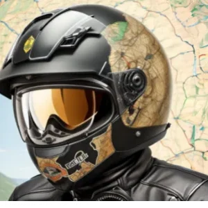 Biker mit Motorradhelm, dahinter Karte um Motorradtour zu planen