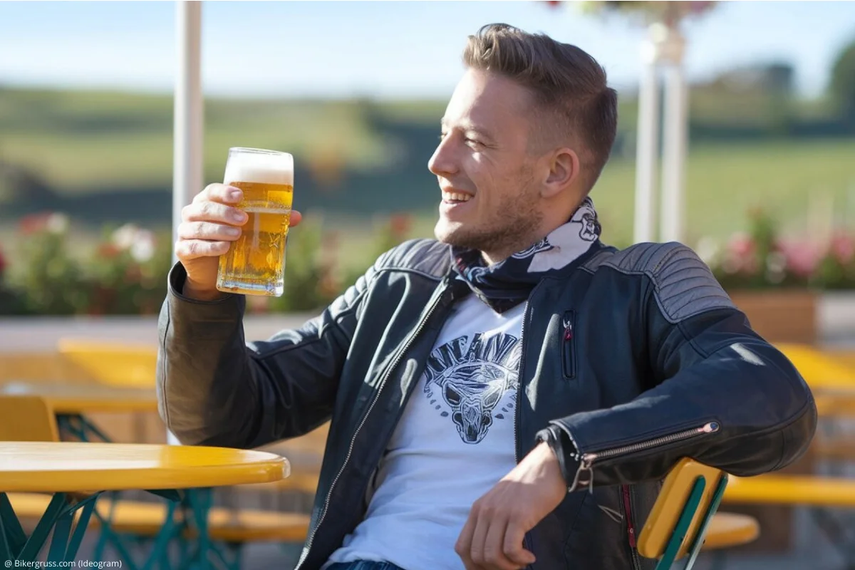 Ein Biker sitzt bei strahlendem Wetter im Biergarten und trinkt zufrieden ein alkoholfreies Bier für Biker.