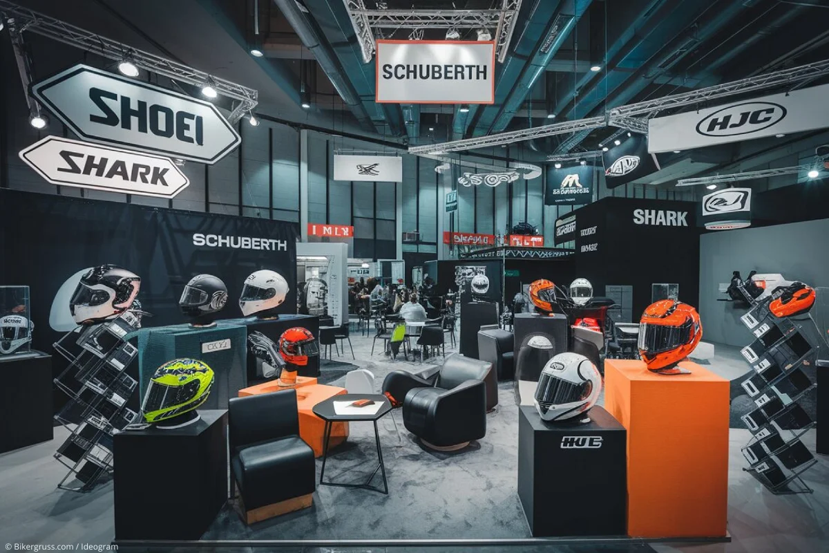 Messe mit einer Vielzahl von Motorradhelmen bekannter Hersteller, die auf Ständen präsentiert werden. Das Bild zeigt eine lebhafte Ausstellung von Helmen der Marken Shoei, AGV, Schuberth, Shark, HJC usw.