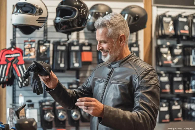 Ein Biker in Schutzkleidung prüft kostengünstiges Motorradzubehör in einem Geschäft, um die besten Angebote für Helme, Handschuhe und Gadgets zu finden.