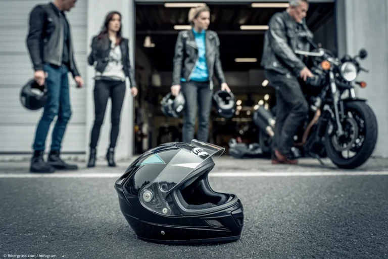 Motorradhelm Aberglaube: Ein Helm liegt vor einer Garage, während vier Biker, darunter zwei Frauen, besorgt darum stehen. Einer holt sein Motorrad aus der Garage.