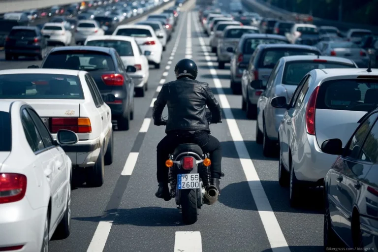 Motorradfahrer, der auf der weißen gestrichelten Linie zwischen dicht stehenden Autos auf einer Autobahn fährt. Die Sonne scheint hell. Die Szene zeigt das Filtern und Durchschlängeln im Stau, bekannt als Lane Splitting.