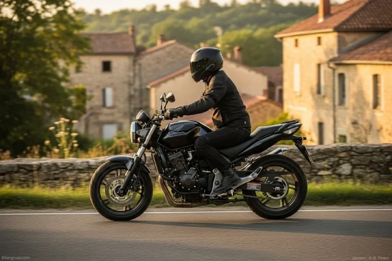CBF 600 Erfahrungsbericht: Ein Motorradfahrer manövriert seine Honda durch eine malerische Landschaft mit alten Häusern, ideal für gemütliche Touren.