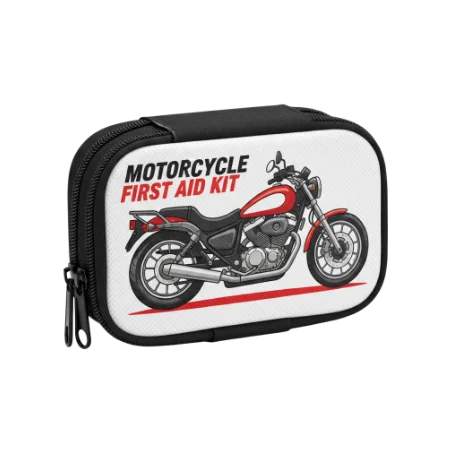 Kompaktes Motorrad-Erste-Hilfe-Set mit stilisiertem Motorrad-Symbol auf weißem Hintergrund.
