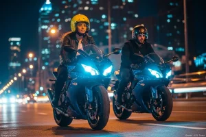 Motorrad Nachtfahrt-Szene: Paar auf zwei modernen Bikes, Frau mit gelbem Visier, glitzernde Stadtlichter.