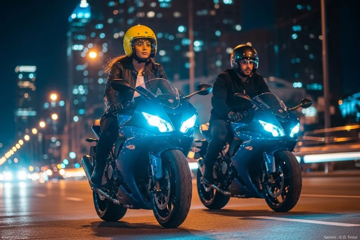 Motorrad Nachtfahrt-Szene: Paar auf zwei modernen Bikes, Frau mit gelbem Visier, glitzernde Stadtlichter.