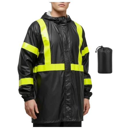 Ein Mann in einer großen, dünnen, locker sitzenden schwarzen Motorrad-Regenjacke mit gelben Warnstreifen; daneben ein kleiner Packbeutel.