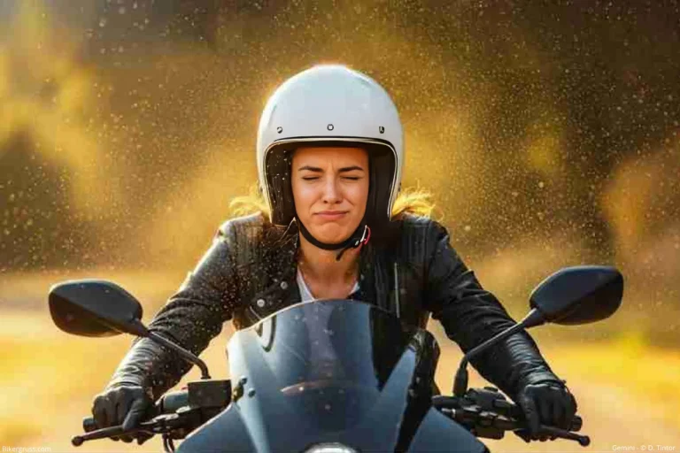Attraktive Motorradfahrerin mit Helm kurz vor dem Niesen, umgeben von dichtem Pollenflug – ein deutliches Zeichen für die Herausforderungen beim Pollenflug Motorradfahrer.