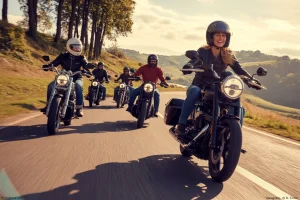 Gruppe von Motorradfahrern mit Abstand auf einer sonnigen Landstraße, die den Teamgeist auf Motorradtour zeigen.
