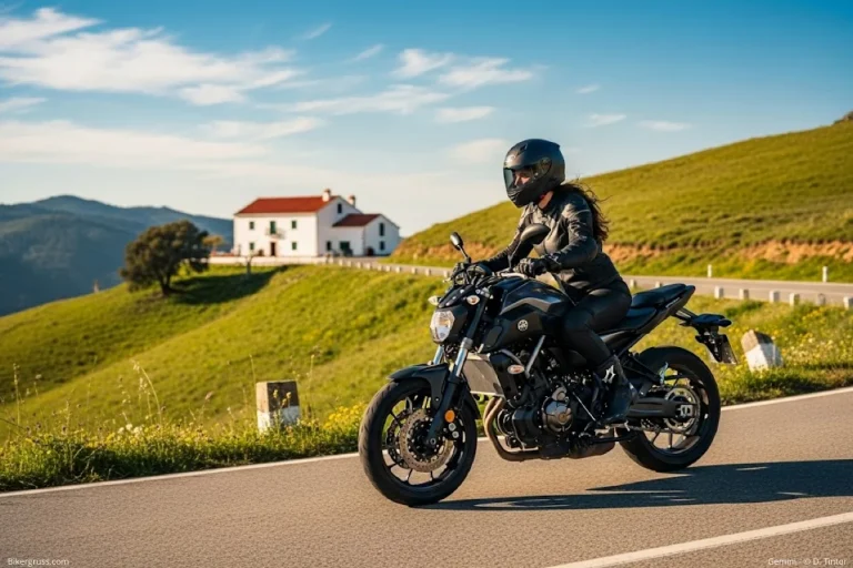Eine Frau fährt eine Yamaha MT-07 auf einer idyllischen Landstraße vorbei an einem malerischen Haus.