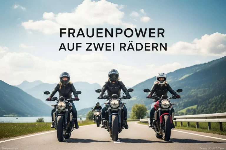 Drei attraktive Frauen fahren Motorrad auf einer malerischen Straße am See unter strahlendem Sonnenschein, mit dem Text 'FRAUENPOWER AUF ZWEI RÄDERN'. Ein Bild für die Leidenschaft von Frauen & Motorrad.
