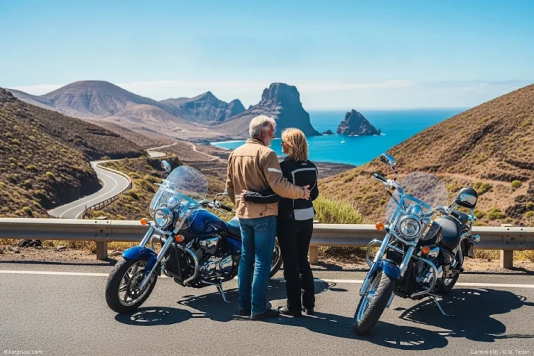 Fuerteventura Motorradtour: Umarmendes Paar im Urlaub vor Cruisern auf sonniger Straße, mit Fuerteventuras Vulkanlandschaft und blauem Ozean im Hintergrund