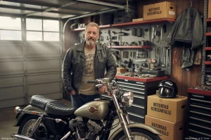 Ein Biker in seiner Garage, umgeben von angesammeltem Motorradzubehör, das die Motorrad Konsumfalle veranschaulicht