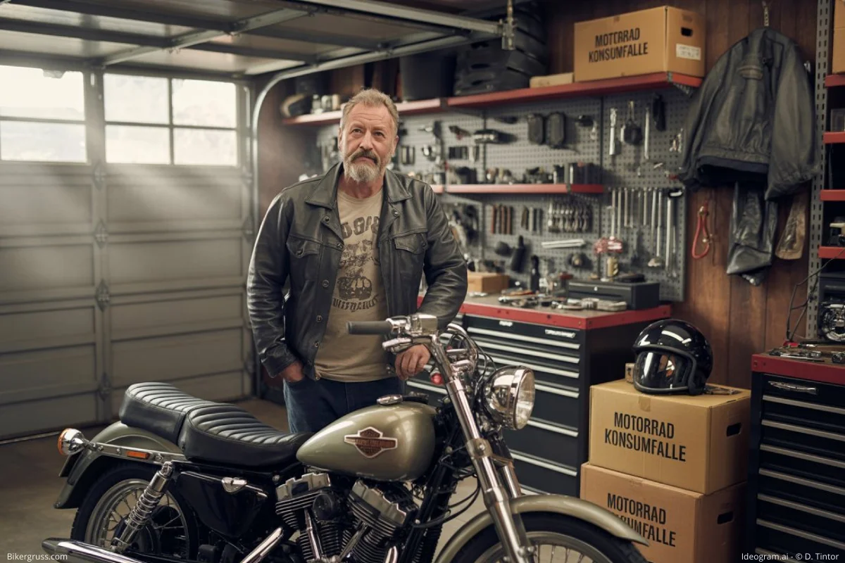 Ein Biker in seiner Garage, umgeben von angesammeltem Motorradzubehör, das die Motorrad Konsumfalle veranschaulicht