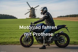 Motorrad mit Prothese: Fahrer mit Prothese steht mit Motorrad auf Landweg, Windmühle im Hintergrund, einzigartige Landschaft