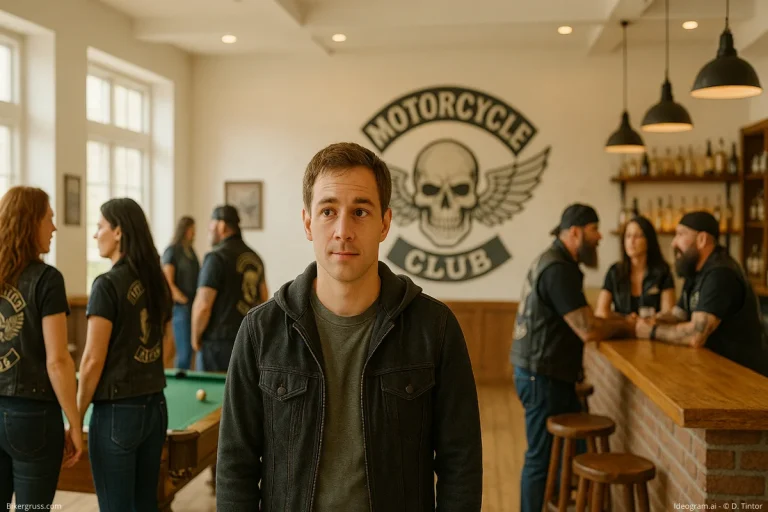 Ein junger Mann steht unsicher im Mittelpunkt eines hellen, belebten Clubhauses, während um ihn herum Mitglieder eines Motorradclubs in typischen Kutten an einem Billardtisch und an der Bar interagieren – eine visuelle Darstellung von Motorradclub Kritik
