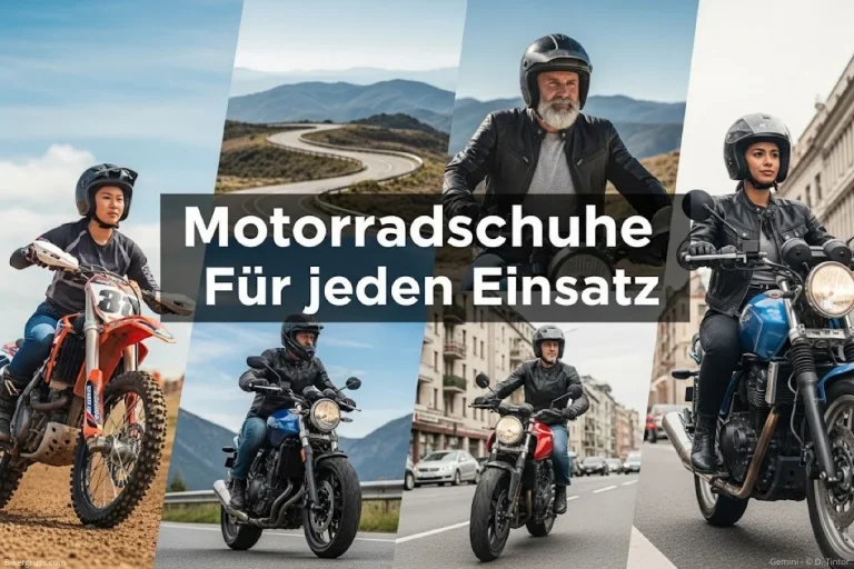 Motorradschuhe Einsatzbereich: Motorradfahrer sind in unterschiedlichen Umgebungen zu sehen, von der Rennstrecke über kurvige Landstraßen bis hin zu Offroad-Pisten, was die Vielfalt der Einsatzbereiche für Motorradschuhe illustriert