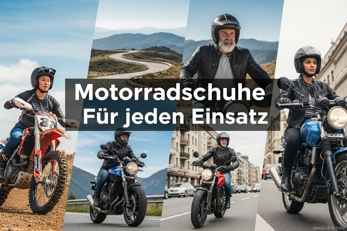 Motorradschuhe Einsatzbereich: Motorradfahrer sind in unterschiedlichen Umgebungen zu sehen, von der Rennstrecke über kurvige Landstraßen bis hin zu Offroad-Pisten, was die Vielfalt der Einsatzbereiche für Motorradschuhe illustriert