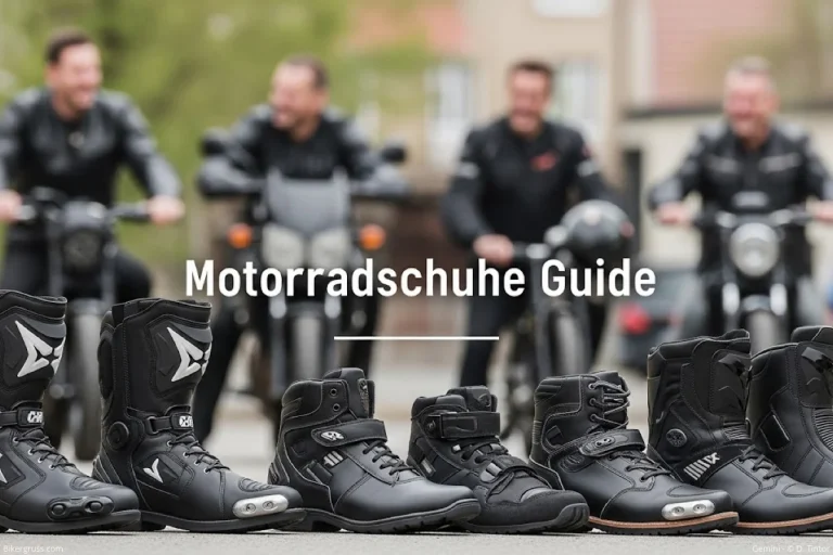 Mehrere Motorradfahrer, die verschiedene Motorradschuhe tragen, mit dem Text "Motorradschuhe Guide" im Vordergrund