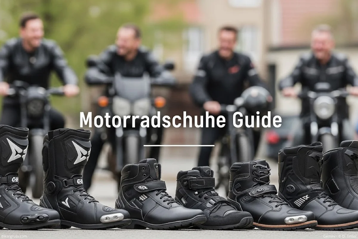 Mehrere Motorradfahrer, die verschiedene Motorradschuhe tragen, mit dem Text "Motorradschuhe Guide" im Vordergrund