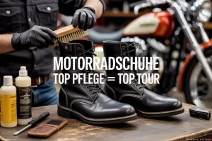 Motorradstiefel Pflege: Ein Motorradfahrer pflegt seine Stiefel mit Schuhpflegeprodukten. Der Text 'Motorradschuhe Top-Pflege = Top-Tour' ist ebenfalls sichtbar.