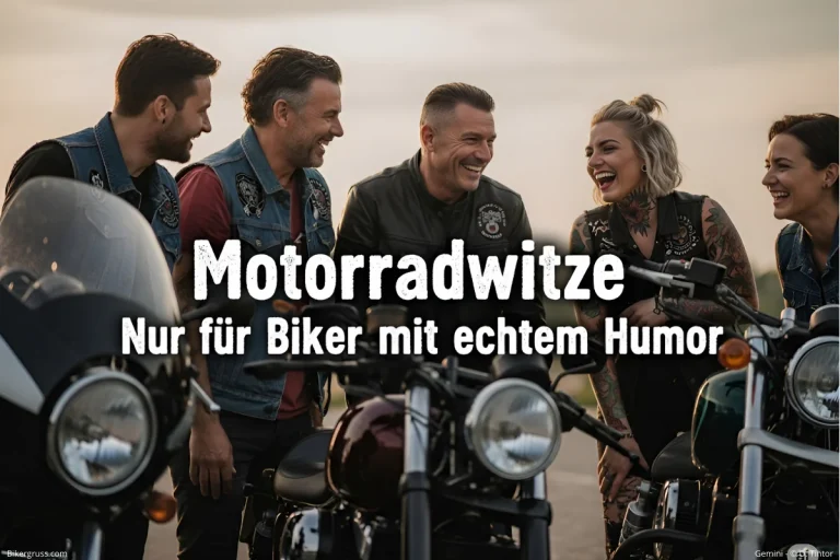 Lachende Biker-Gruppe vor Motorrädern mit dem Titel "Motorradwitze: Nur für Biker mit echtem Humor