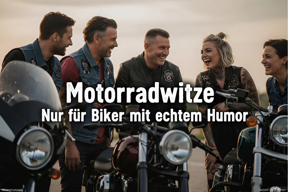 Lachende Biker-Gruppe vor Motorrädern mit dem Titel "Motorradwitze: Nur für Biker mit echtem Humor
