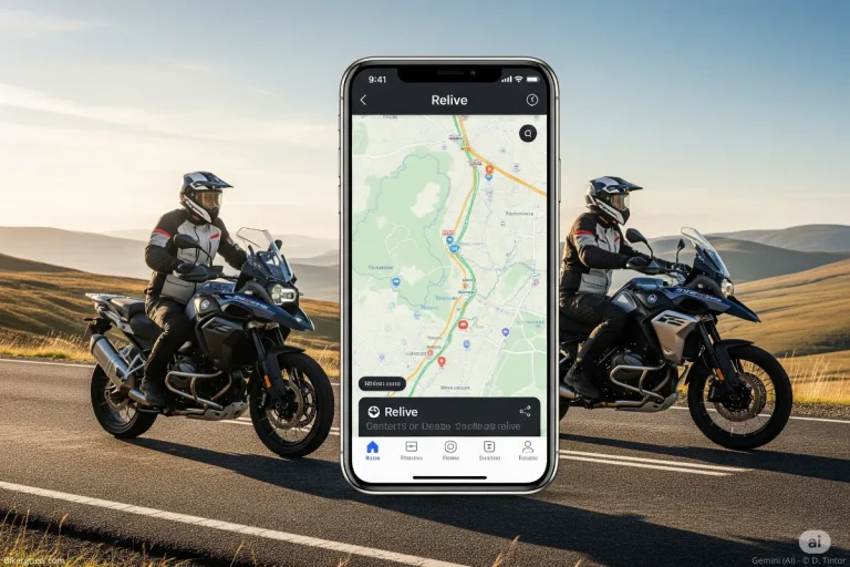 Zwei Motorradfahrer auf modernen Adventure-Bikes fahren auf einer malerischen Route in den Horizont, während mittig ein Smartphone mit der Relive App und einer Kartenansicht eingeblendet ist.