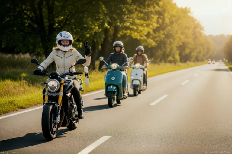 Eine Motorradfahrerin auf einer Landstraße grüßt mit dem Bikergruss, während dahinter Rollerfahrer normal weiterfahren und sich nicht grüßen.