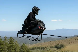 Ein Volonaut Airbike fliegt dynamisch über die Baumwipfel eines Waldes, während ein Fahrer in schwarzer Schutzkleidung und Helm das hochmoderne Fluggerät steuert. Die AI generierte Szene ist aus der Vogelperspektive aufgenommen und zeigt die Verschmelzung von Technologie und Natur.