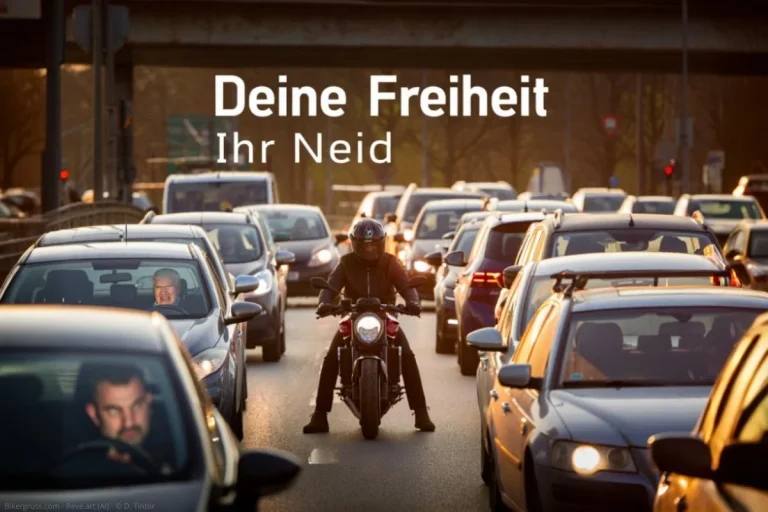 Ein Motorradfahrer inmitten von Autos, mit dem Text "Deine Freiheit Ihr Neid" über der Szene, der den Hass auf Motorradfahrer thematisiert.
