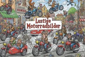 Lustige Motorradbilder von einer großen, humorvollen Biker-Versammlung mit vielen komischen Szenen und Motorrädern.