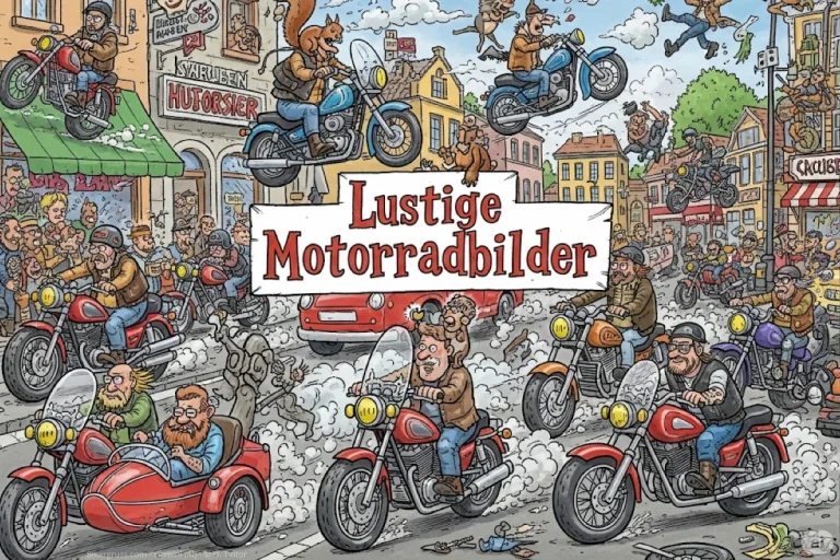 Lustige Motorradbilder von einer großen, humorvollen Biker-Versammlung mit vielen komischen Szenen und Motorrädern.