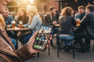 Eine Hand in Motorradjacke hält ein Smartphone mit einem Motorrad Wallpaper, das eine Bikerin zeigt. Im Hintergrund ist ein sonniger Biergarten mit jungen Leuten und Motorradfahrern.