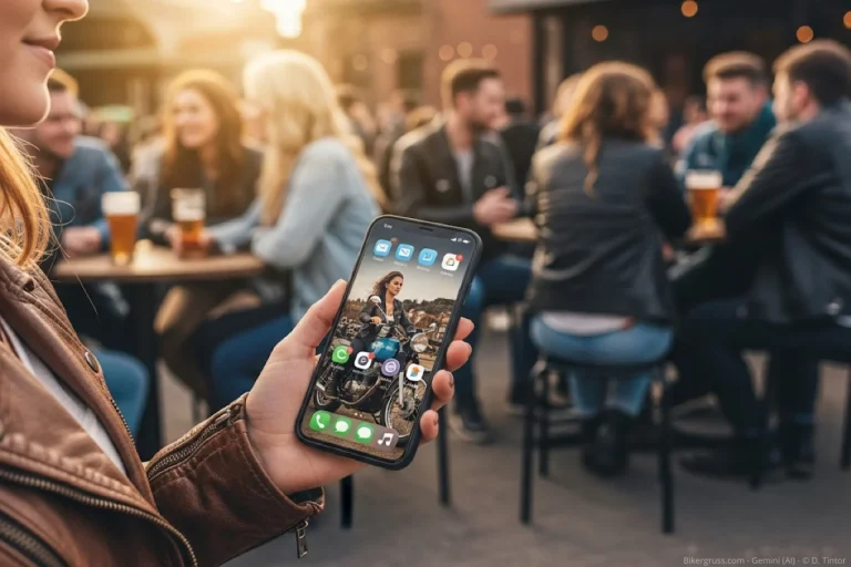 Eine Hand in Motorradjacke hält ein Smartphone mit einem Motorrad Wallpaper, das eine Bikerin zeigt. Im Hintergrund ist ein sonniger Biergarten mit jungen Leuten und Motorradfahrern.